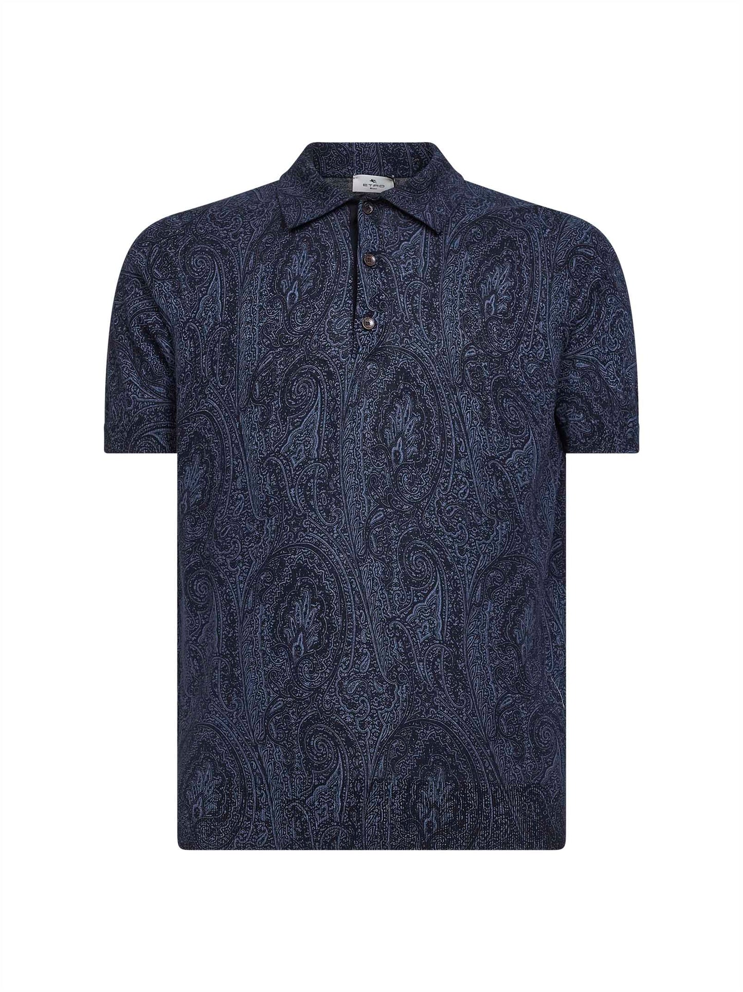 Polo in maglia di cotone misto seta blu con motivo Paisley