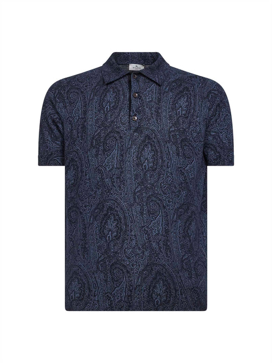 Polo in maglia di cotone misto seta blu con motivo Paisley