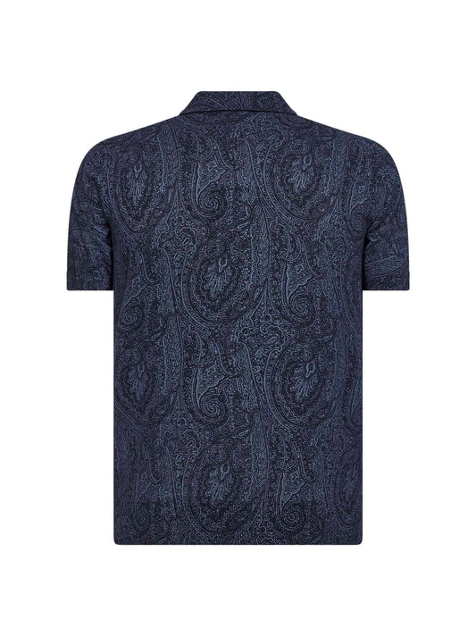 Polo in maglia di cotone misto seta blu con motivo Paisley