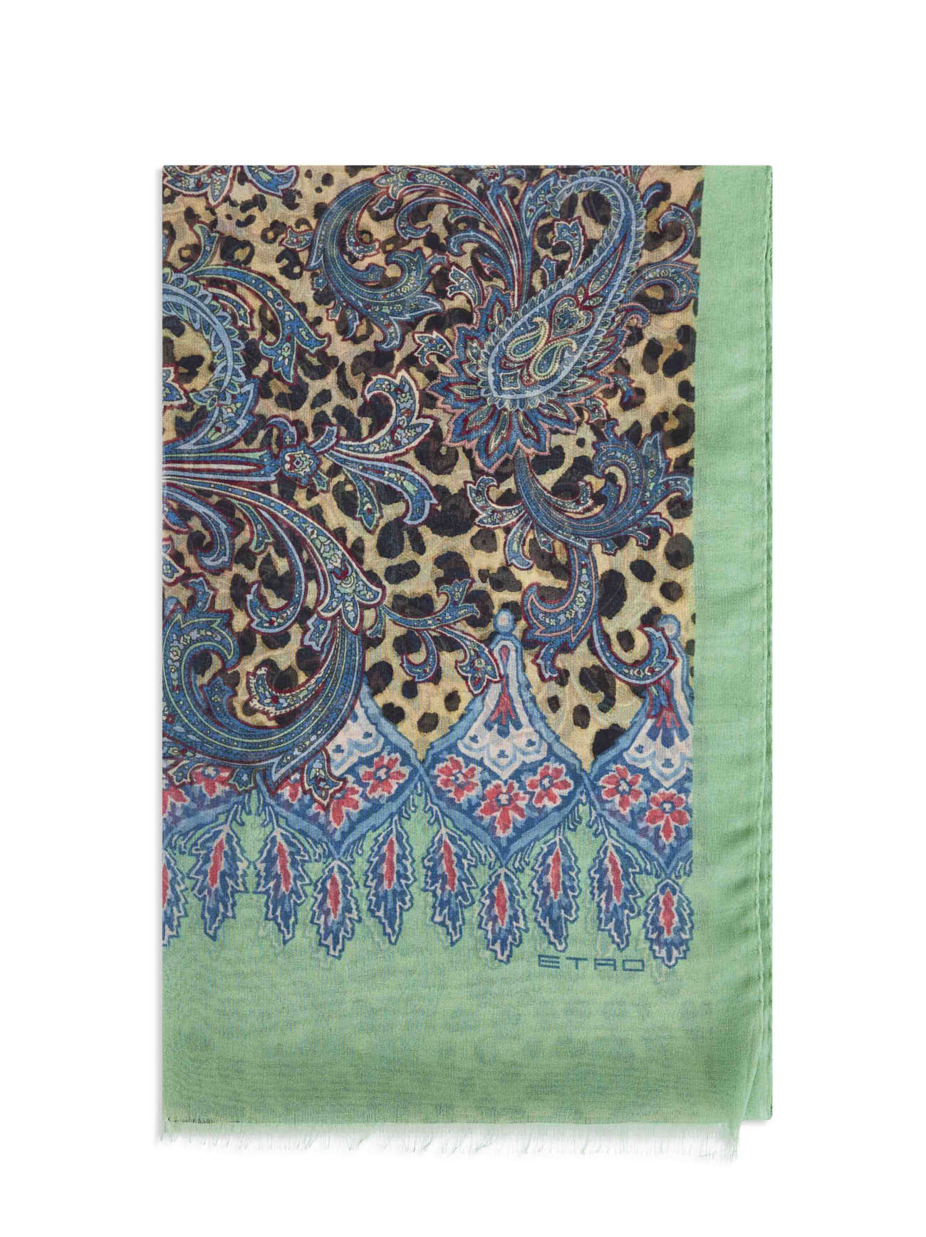Sciarpa in misto cashmere verde con motivo Paisley animalier