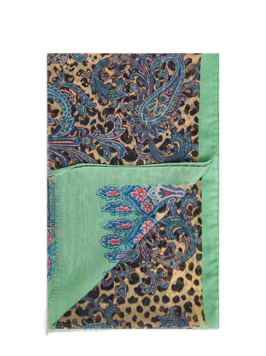 Sciarpa in misto cashmere verde con motivo Paisley animalier