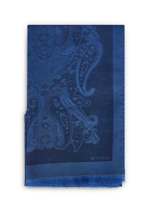 Blue jacquard cotton blend Paisley-pattern scarf