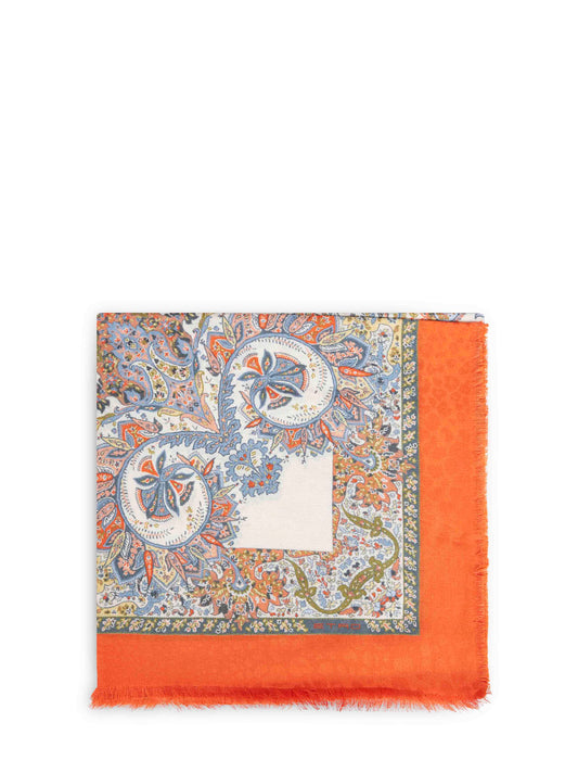 Orange cotton blend floral Paisley-pattern shawl