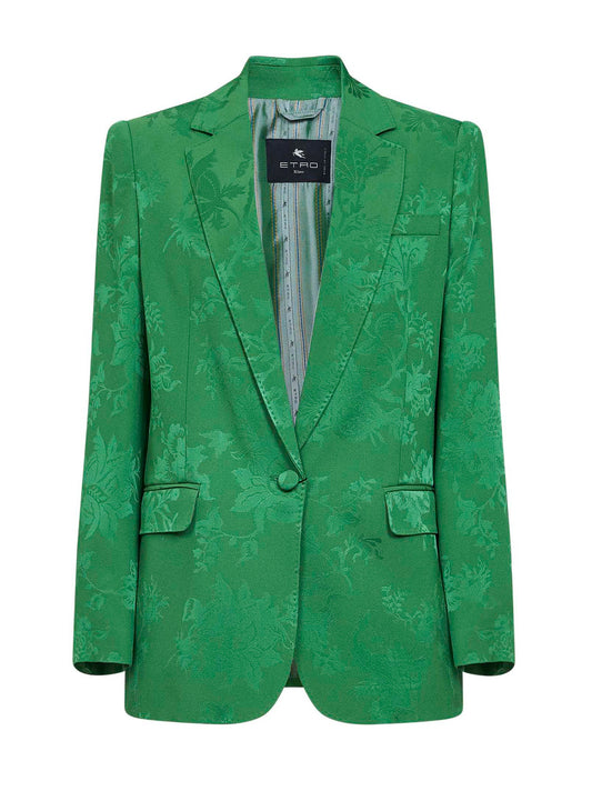 Green floral jacquard viscose blend single-breasted jacket