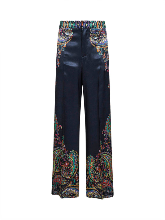 Blue Paisley-print envers satin wide-leg trousers