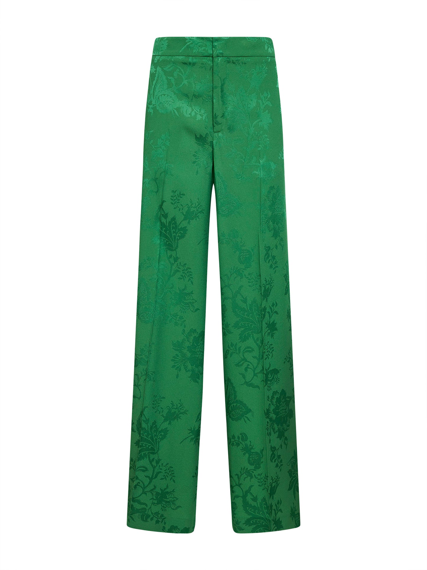 Green floral jacquard viscose blend wide-leg trousers