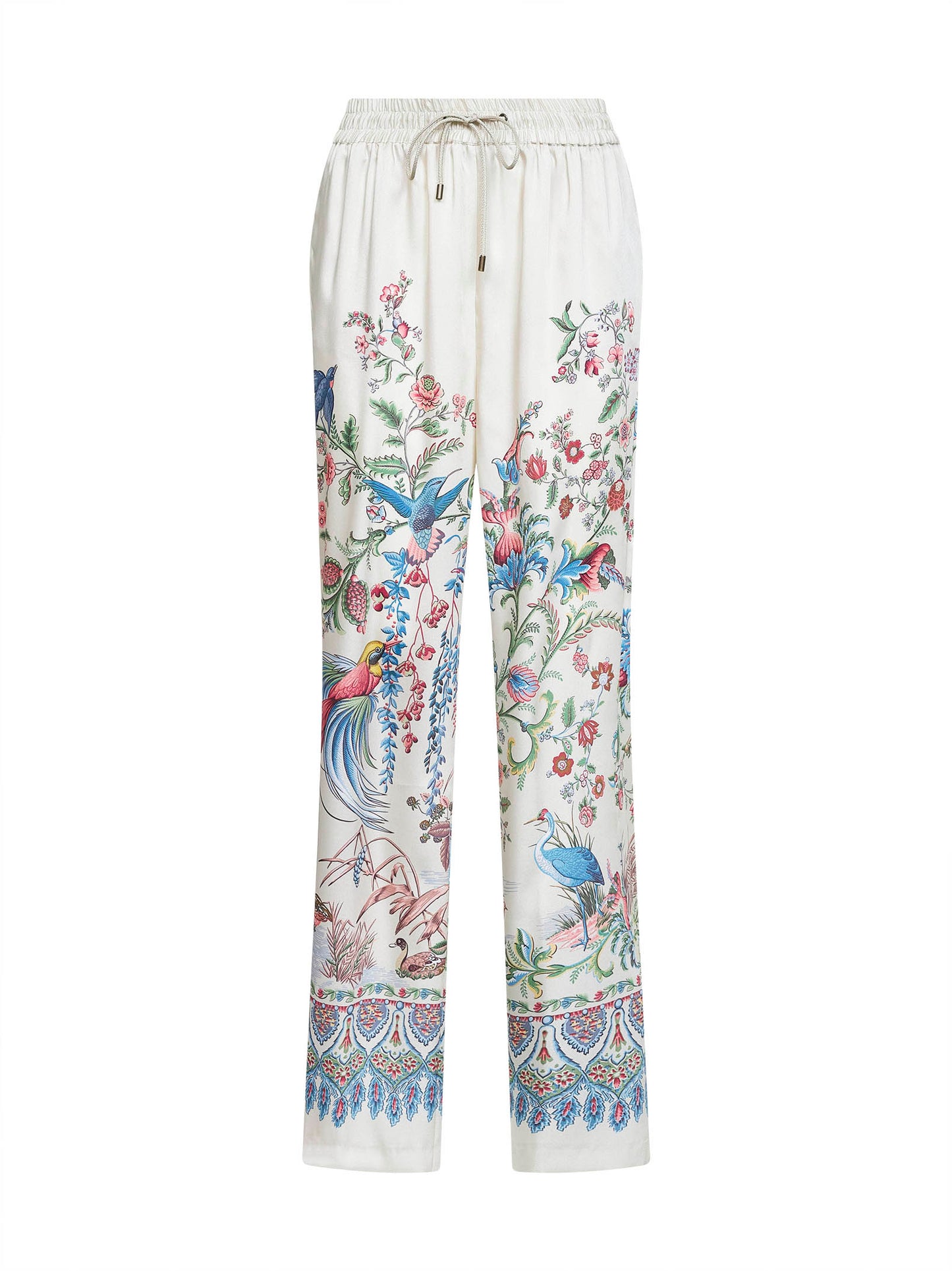 Pantaloni ampi in twill bianco con stampa flora e fauna