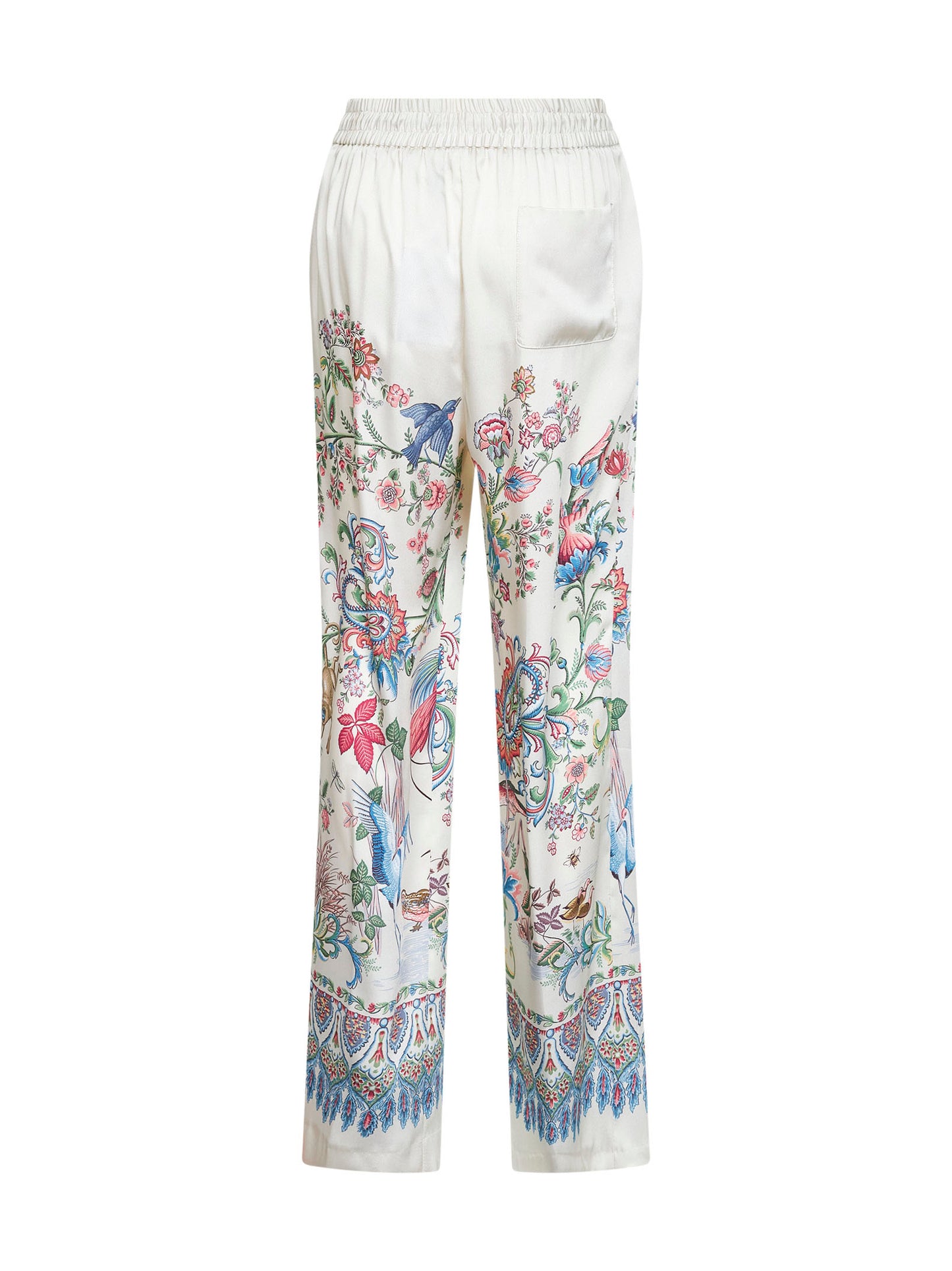 Pantaloni ampi in twill bianco con stampa flora e fauna