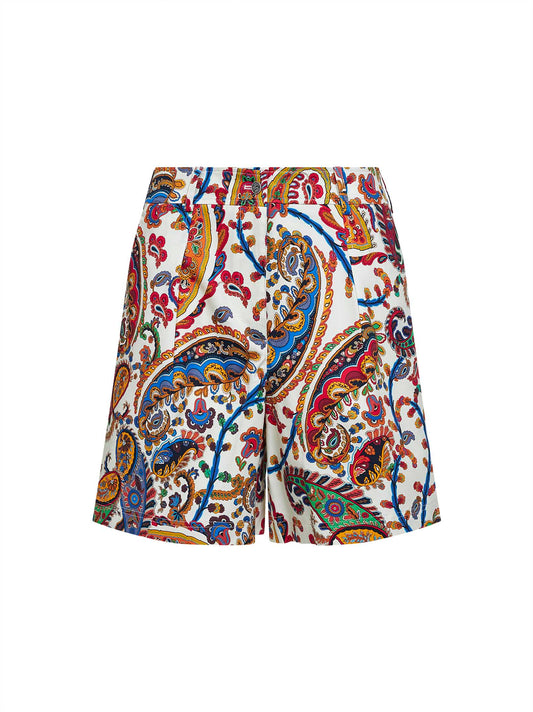 Shorts in cotone stretch bianco con motivo Paisley floreale