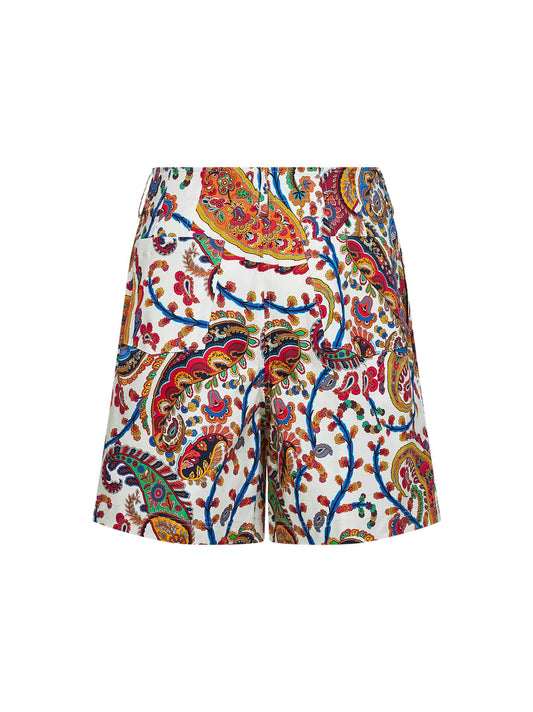 Shorts in cotone stretch bianco con motivo Paisley floreale