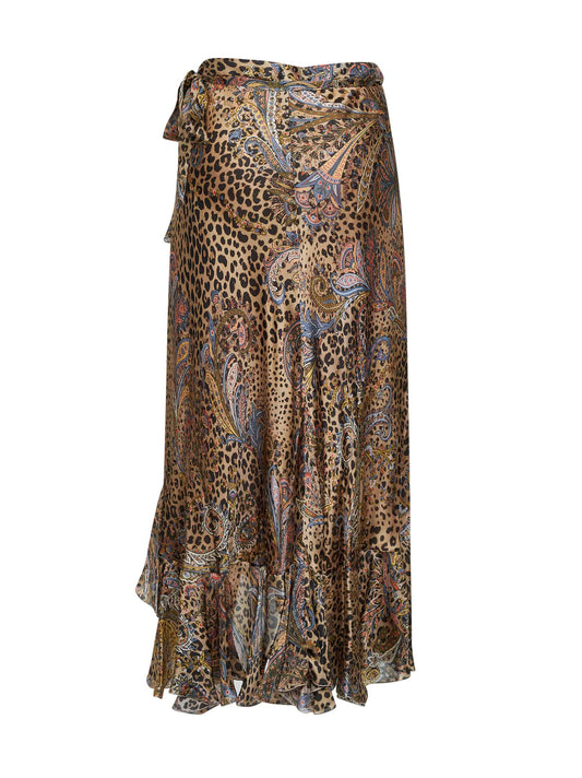 Brown animalier Peau d'Ange silk wrap midi skirt