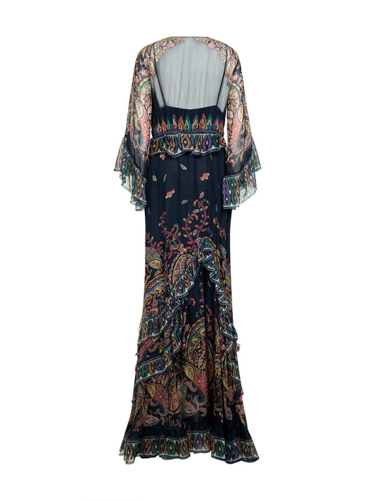 Blue silk chiffon floral Paisley-print long dress