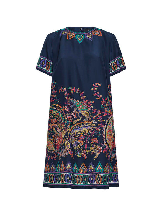 Blue Paisley-print habotai silk tunic short dress