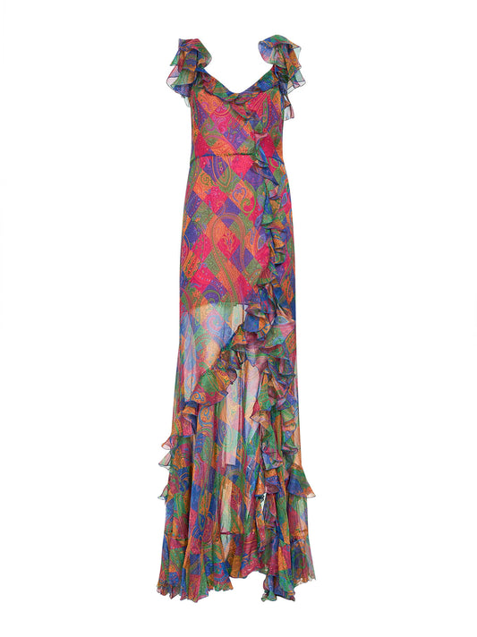 Geometric Paisley-pattern silk chiffon maxi dress