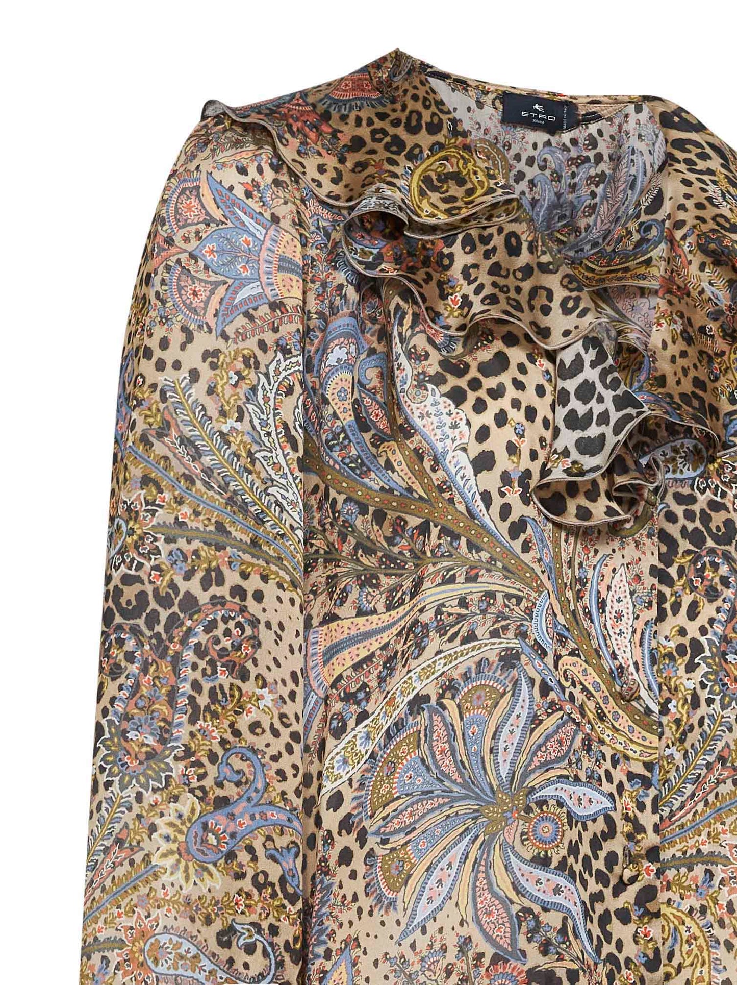 Camicia in seta marrone con fantasia Paisley animalier