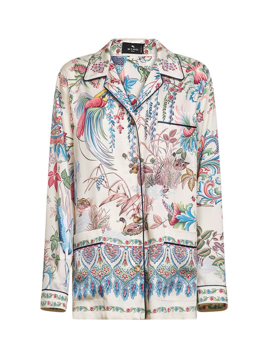 Camicia in twill con stampa flora e fauna multicolore