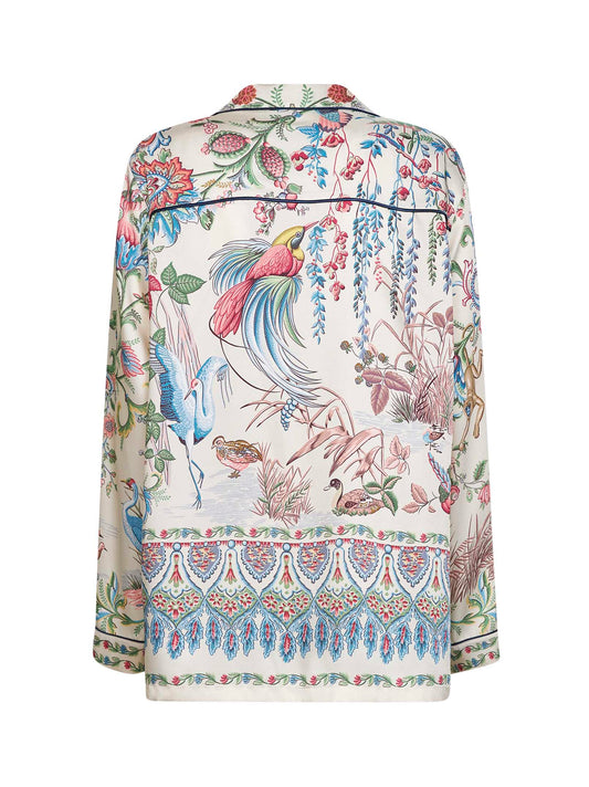 Camicia in twill con stampa flora e fauna multicolore