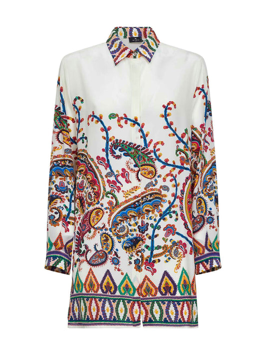 Beige floral Paisley-printed crepe de chine long shirt