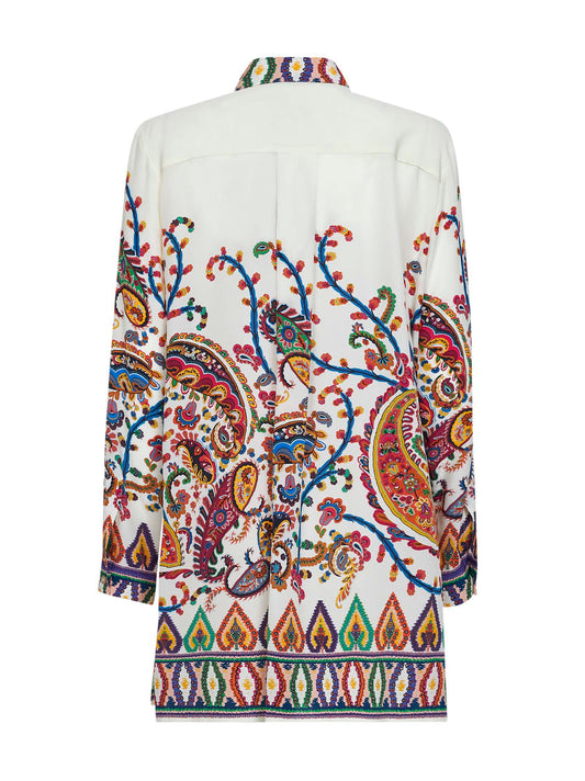 Beige floral Paisley-printed crepe de chine long shirt