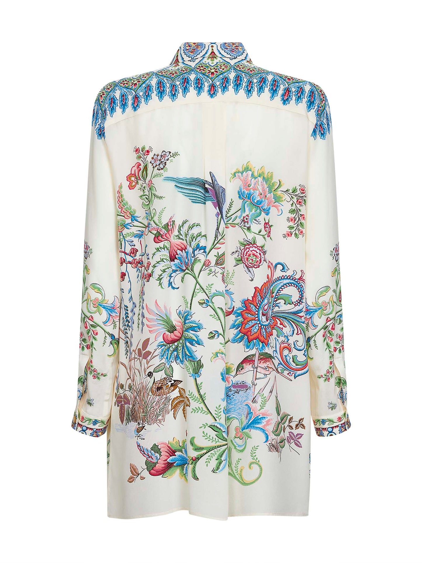 Cream floral-printed silk long shirt