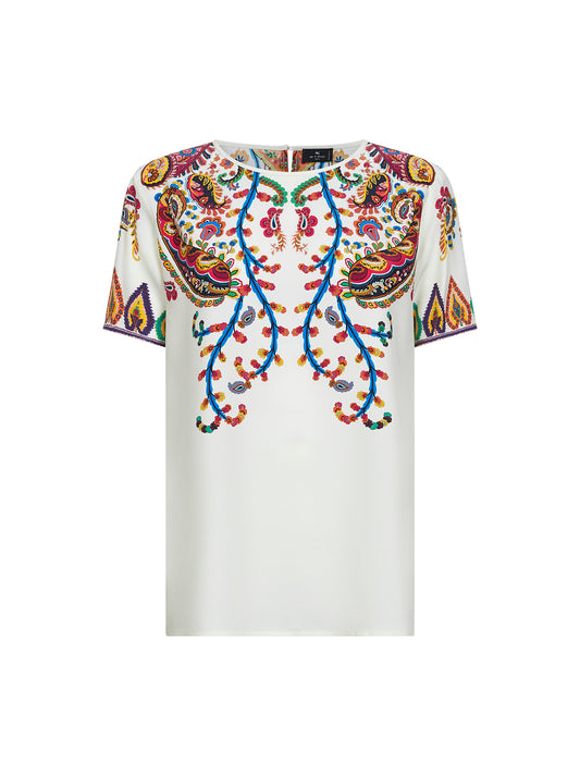 White placed floral Paisley-printed silk T-shirt
