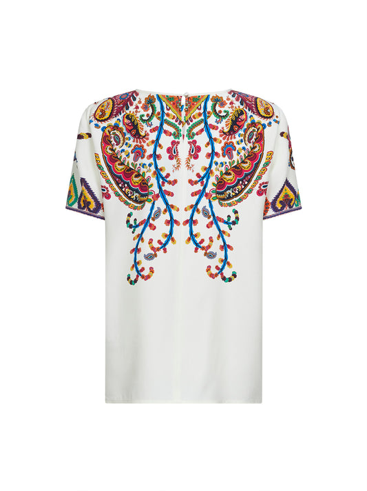 White placed floral Paisley-printed silk T-shirt