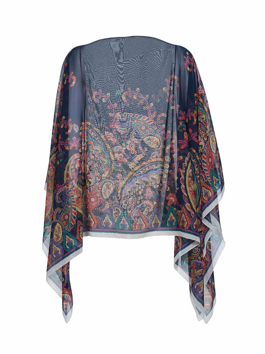 Top poncho in georgette blu con stampa Paisley floreale