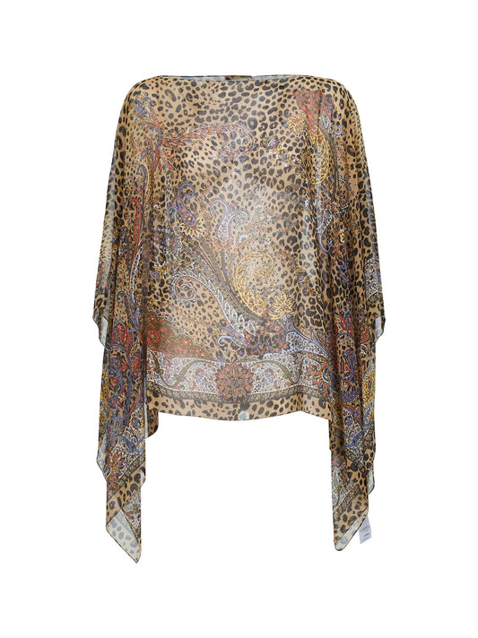 Brown animalier Paisley-pattern silk poncho top
