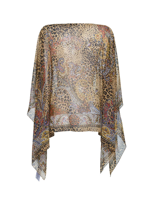 Brown animalier Paisley-pattern silk poncho top