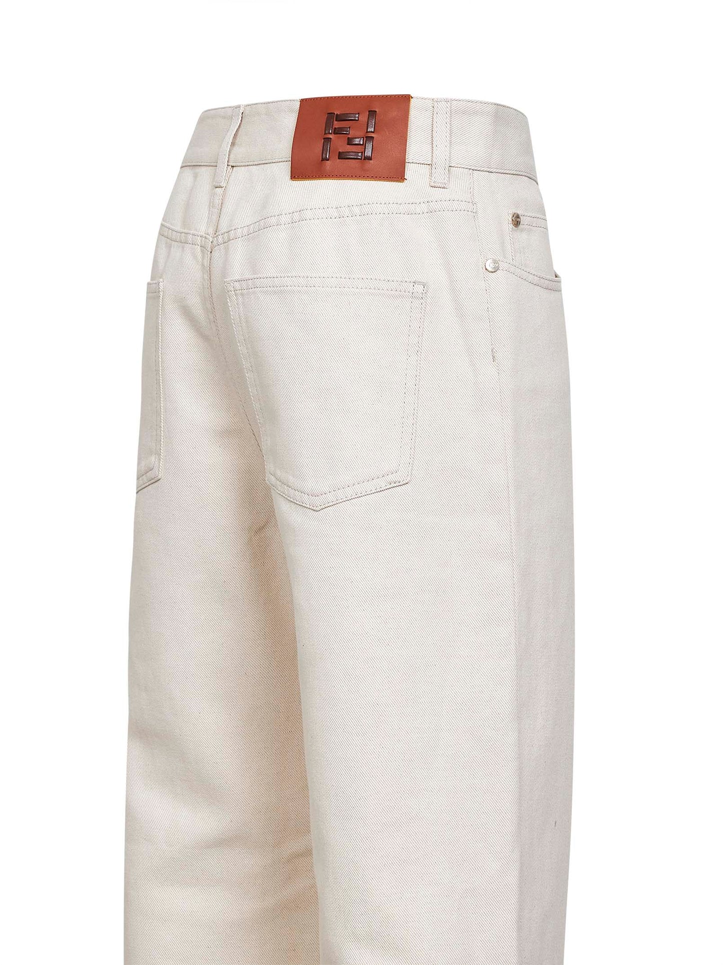 Jeans dritti in denim di cotone beige con motivo FF