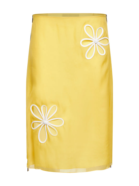 Yellow silk organza midi skirt with Fendi Ajour motif