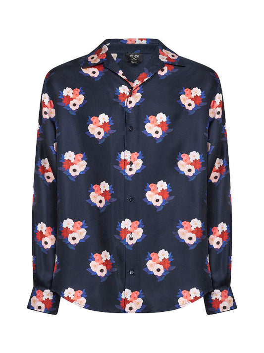 Dark blue silk printed shirt