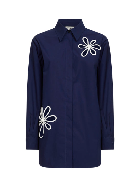Camicia in popeline blu scuro con motivo Fendi Ajour