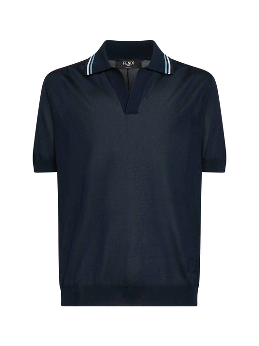 Dark blue viscose knit polo shirt with striped details
