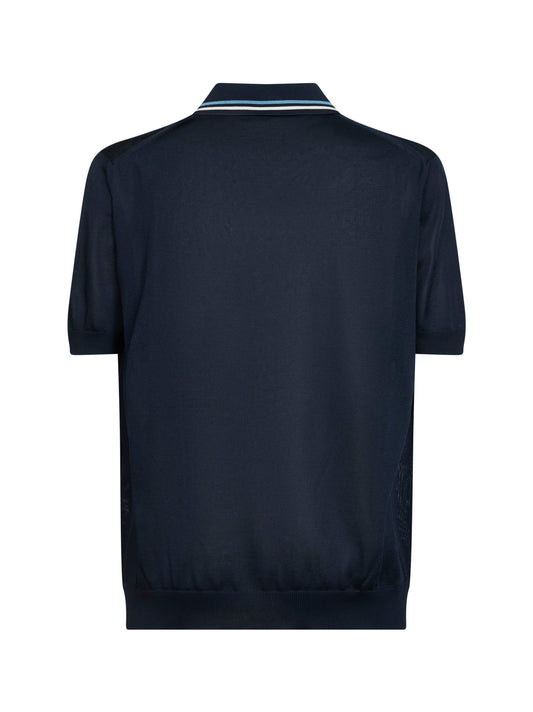 Dark blue viscose knit polo shirt with striped details