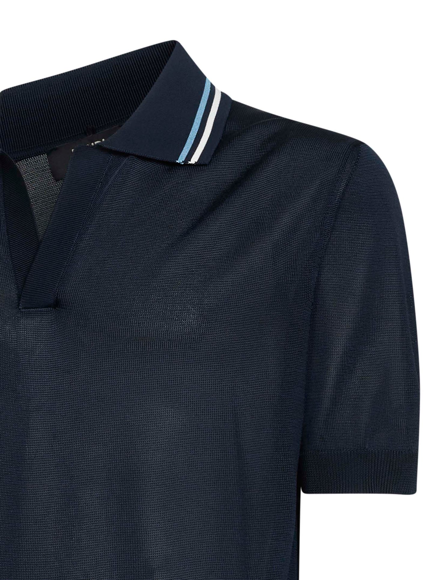 Polo in maglia di viscosa blu scuro con dettagli a righe