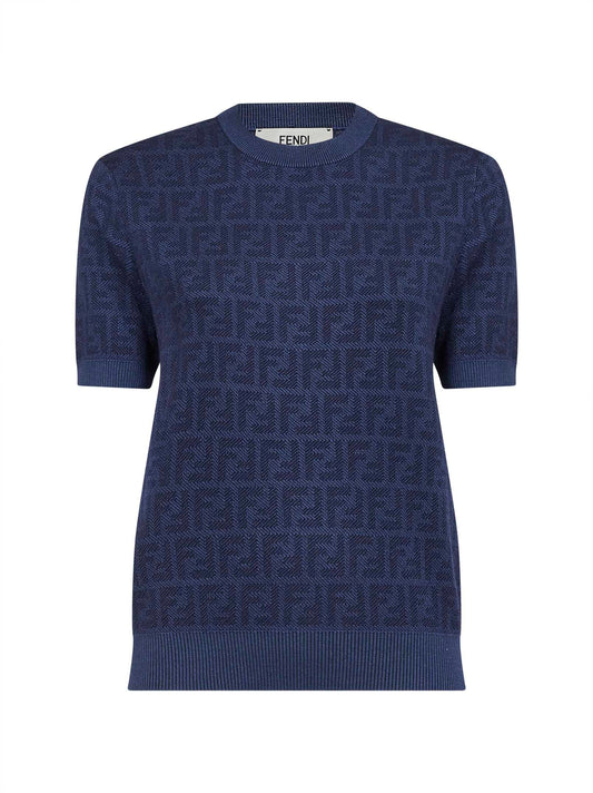 Maglia girocollo in lana FF blu denim