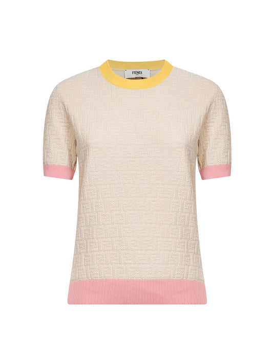 Ecru FF cotton and silk sweater with color block edges<BR/>