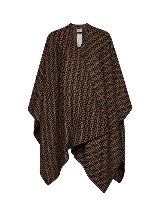 Poncho in lana e seta jacquard FF marrone
