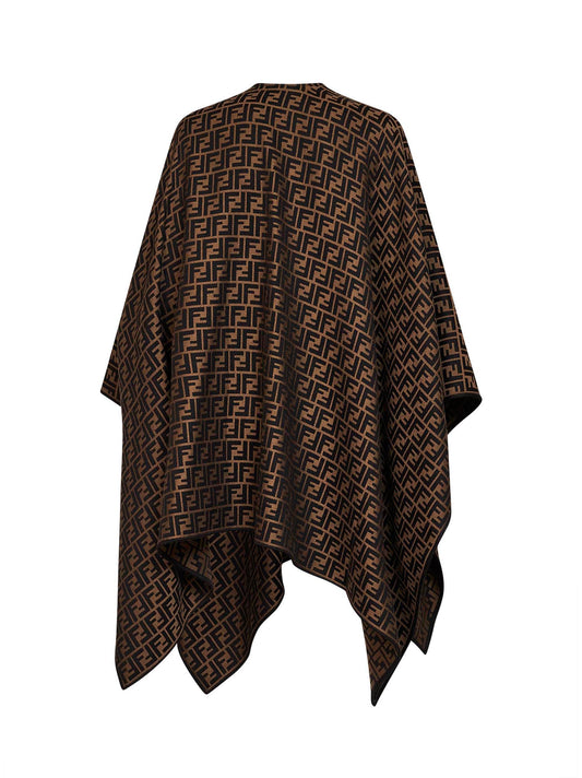 Poncho in lana e seta jacquard FF marrone