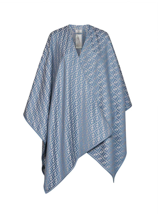 Poncho in lana e seta jacquard FF denim
