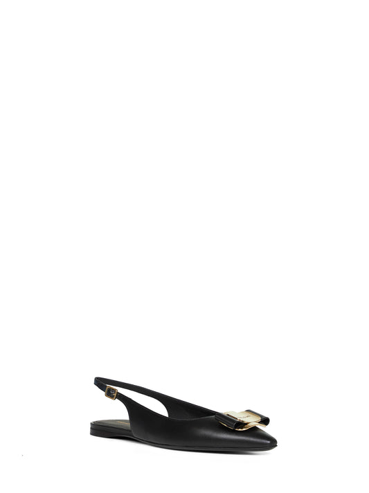 Black flat slingbacks with Vara plate