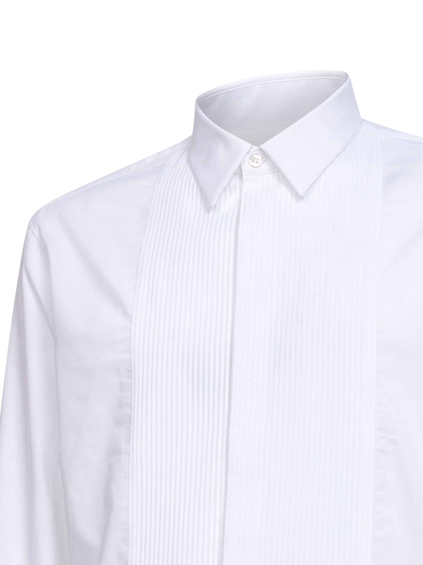 Camicia smoking in twill di cotone bianco con plastron plissé