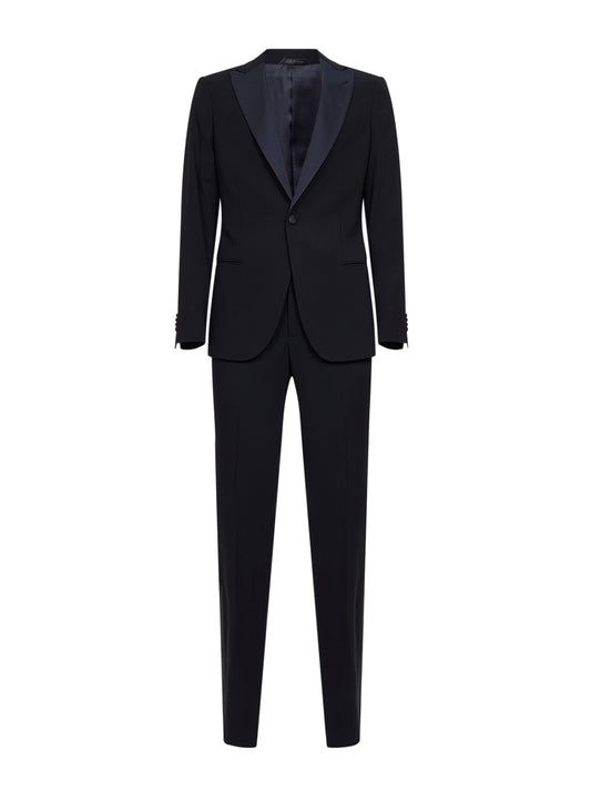 Dark navy virgin wool crepe tuxedo suit