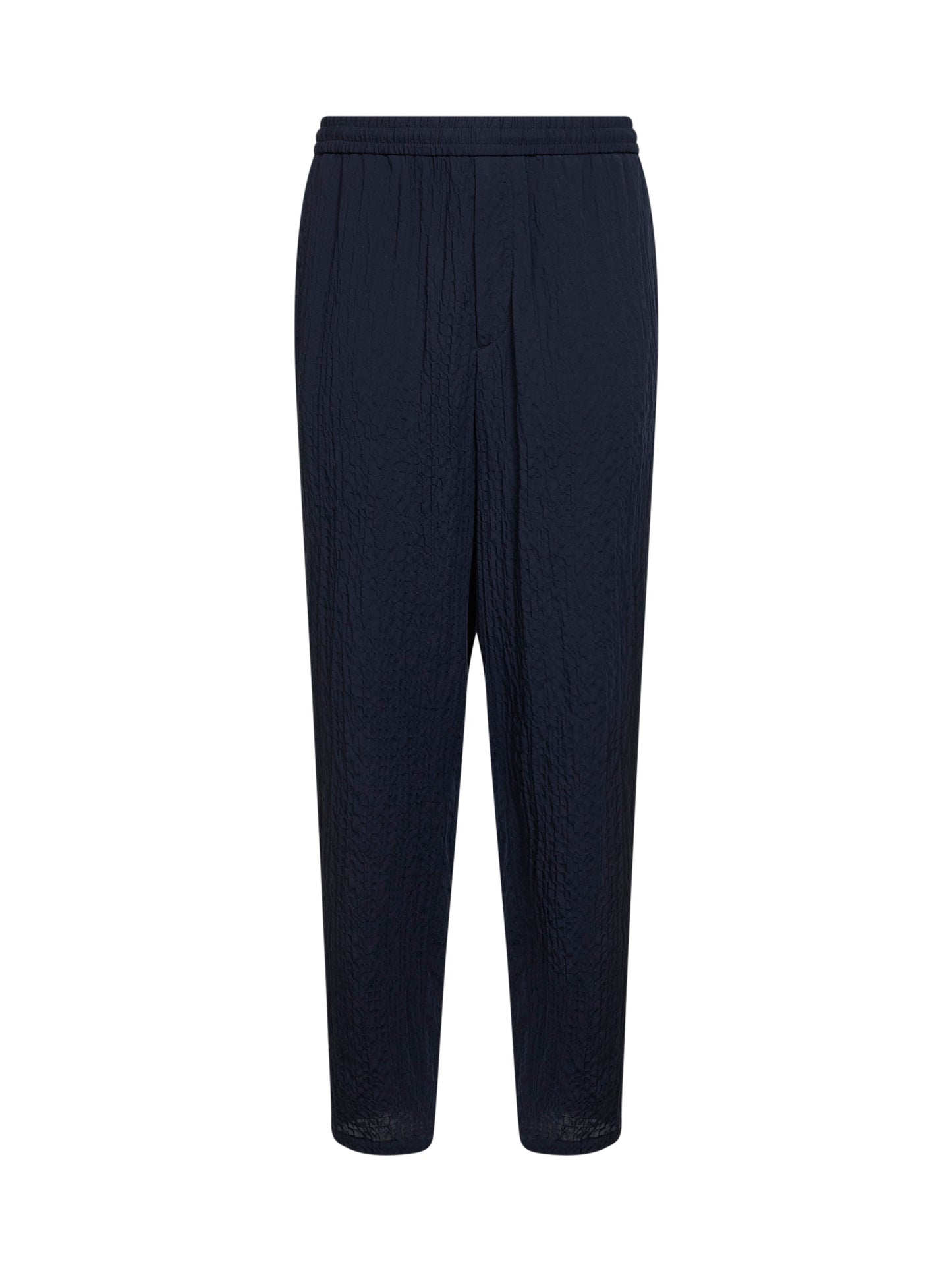 Dark navy froissé lyocell blend flat front trousers