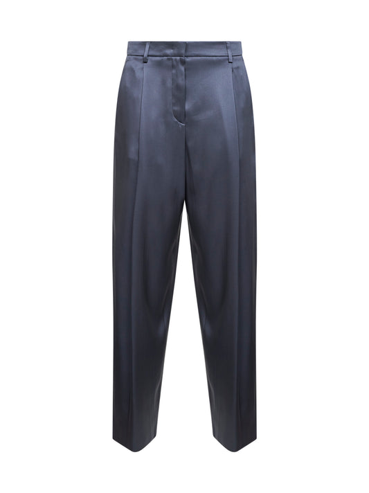 Light blue double silk satin one-pleat trousers