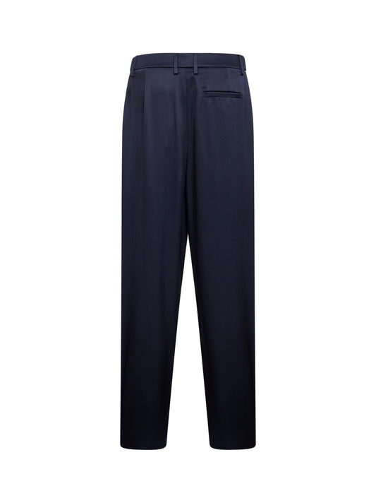 Blue double silk satin one-pleat trousers
