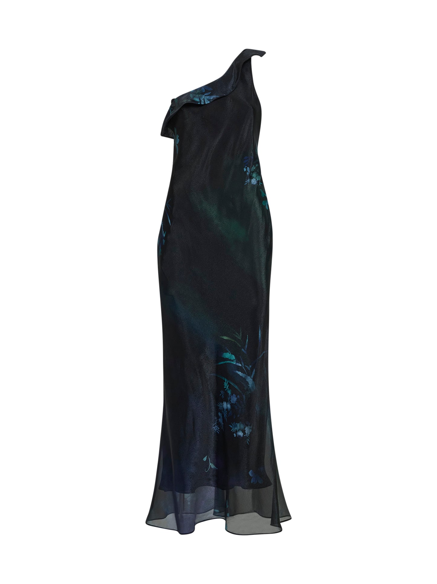 Abito lungo monospalla in organza stampata nera