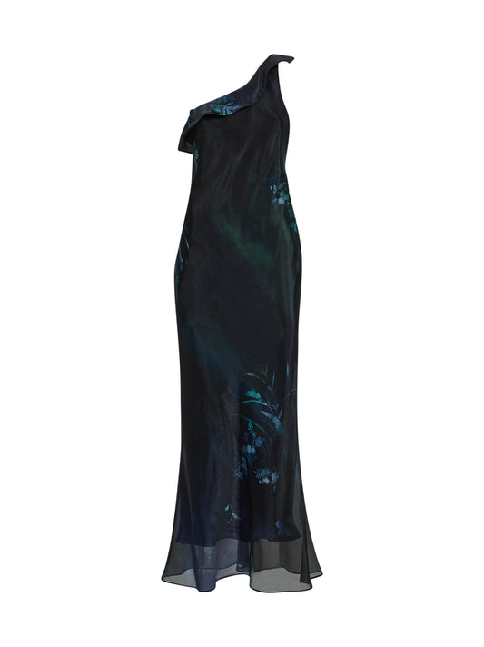 Black printed organza long one-shoulder dress