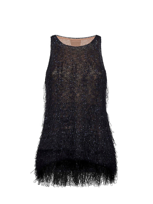 Blue lurex jersey top with fringes and sequins